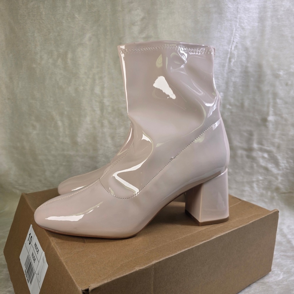 Journee Collection Sock Boot Nude Patent Square Toe Block Heel Womens 10 New